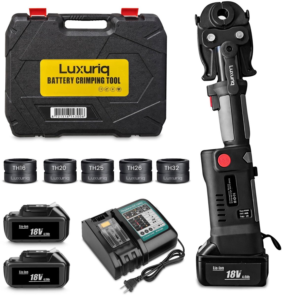 Luxuriq Professionele Accu Perstang - TH Set - 2 Accu's - Krimptang - Perstang voor persfitting - Perstang Waterleiding - Perstang Henco - Met Persbekken TH16 - TH20 - TH25 - TH26 - TH32 - Hydraulische